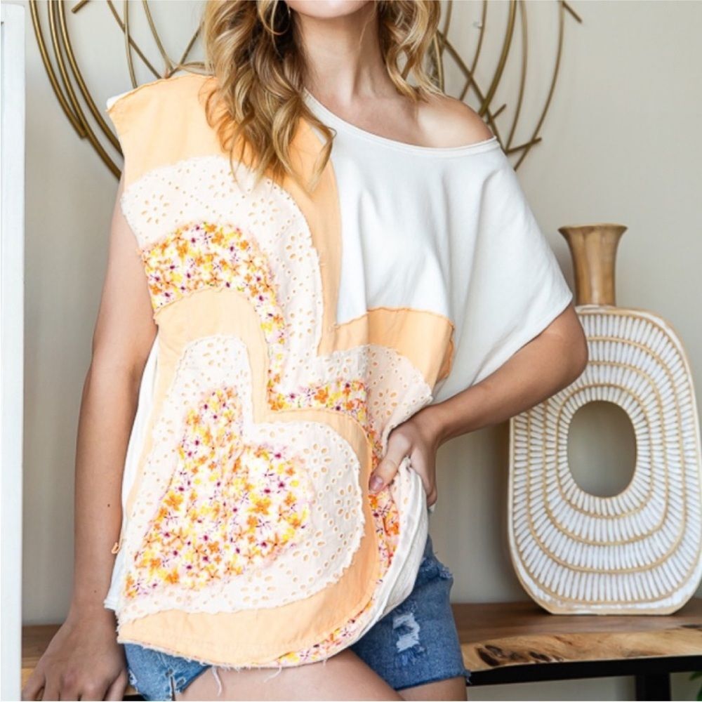 OLI AND HALI HEART PATCHWORK SHORT SLEEVE TOP WOMEN’S SHIRT LARGE